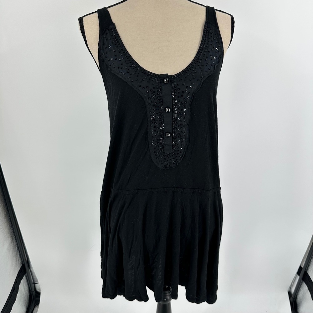 Y2K Free People Beaded Babydoll Tank Mini Dress Black Large Fairy Grunge Vintage